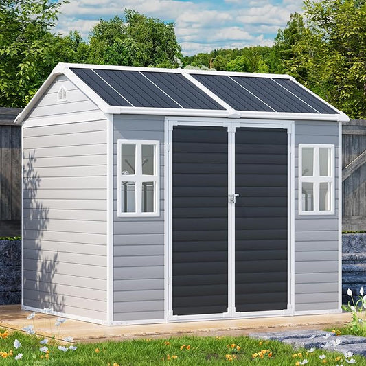 8x6 FT Resin Storage Sheds with Floor Windows Inlcuded, Waterproof Plastic Outdoor Shed Kit, Large Outside Tools Sheds for Backyard Garden Patio Lawn