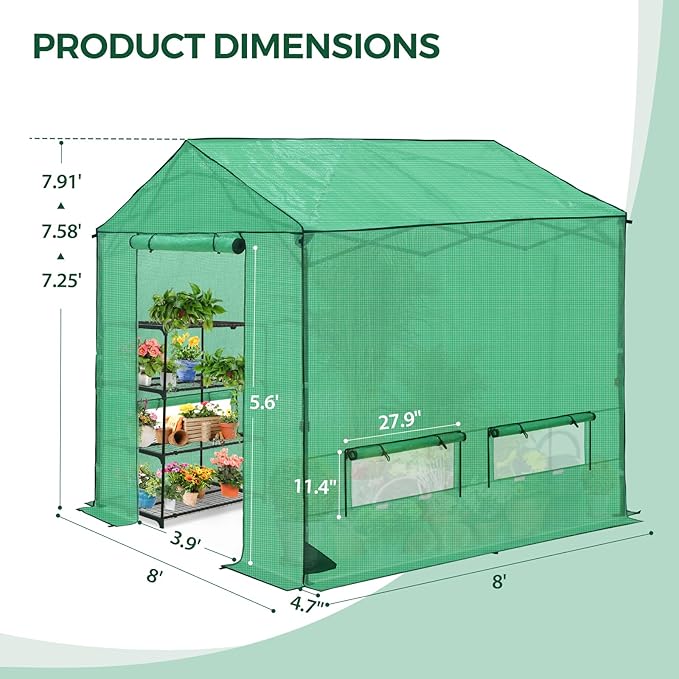 8x8 Pop Up Walk-in Greenhouse, Indoor & Outdoor PE Cover Green House w/ Power Access Ports, Roll-up Zippered Doors and Windows, Green