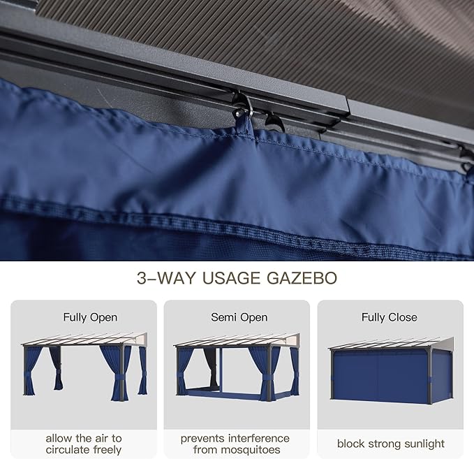 10’ x 24’ Gazebo for Patio,Wall Mounted Gazebo with Sloping Polycarbonate Roof,Aluminum Frame Outdoor pelgole w/Netting & Curtain for Garden,Backyard,Navyblue