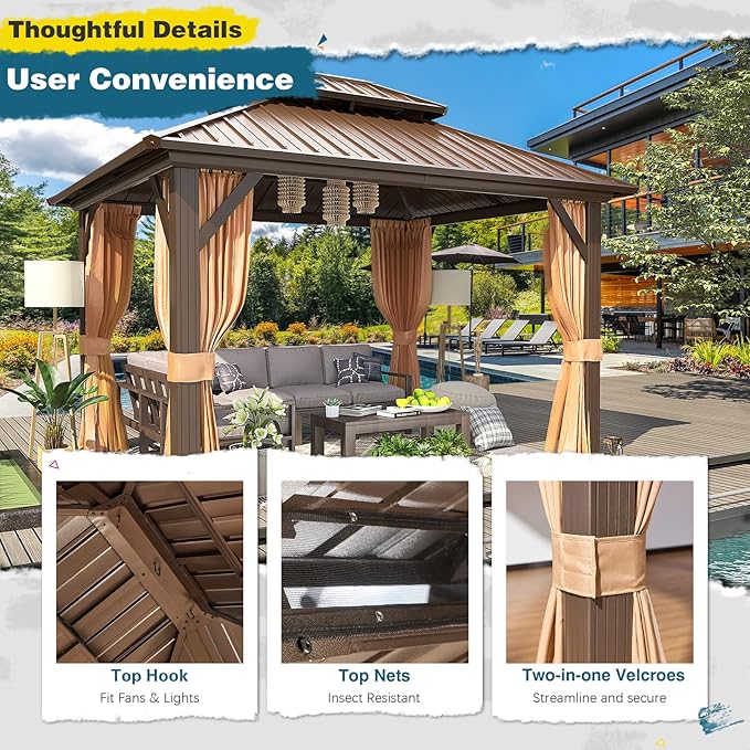 MELLCOM 10'x12' Hardtop Gazebo, Metal Double Roof Aluminum Gazebos with Curtain and Netting,Brown Permanent Galvanized Steel Pavilion for Patio, Lawn & Deck