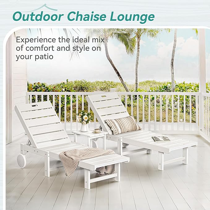 Outdoor Chaise Lounge Chairs, 26.8” Super Wide Lounge Chair Outdoor, HDPS Pool Chairs with 5 Positions, Patio Lounge Chair with Wheels for Pool,Lawn,Backyard, White