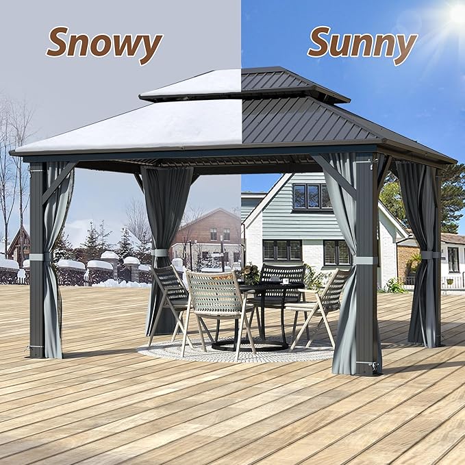 10 X 12ft Hardtop Gazebo, Galvanized Steel Double Roof Gazebo with Nettings and Curtains, Outdoor Aluminum FrameVertical Stripes Roof Permanent Pavilion for Patio, Backyard, Lawns