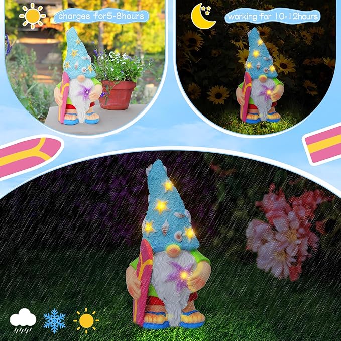 Womens Gifts Solar Garden Outdoor Statues Gnome with Surfboard and 5 LED Lights - Unique Housewarming Gifts Lawn Decor Statue for Patio, Balcony, Yard Ornament