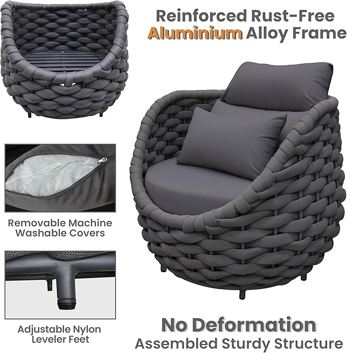 4 PCS Front Porch Accent Chair: Aluminum Woven Rope Armchair Assembled - Cushioned Patio Single Chair w/Arms Modern - All Weather Balcony Furniture for 400lbs Outdoor Yard Deck Hotel, Dark Gray