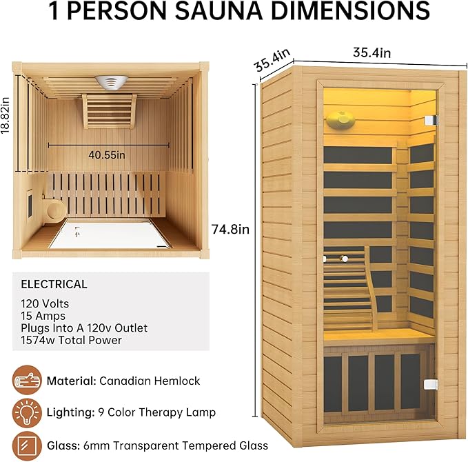 springspa Far Infrared Sauna 1 Person Indoor Sauna Spa Room, Canadian Hemlock Wooden Infrared Saunas for Home with Low Emf Lighting, Bluetooth Speakers, LCD Control Panel, 9 Chromotherapy