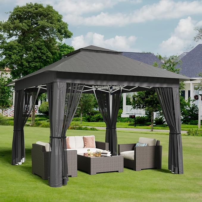 Bealife 11x11 Pop Up Gazebo Tent with Mosquito Netting, Outoor Canopy Tent with 4 Sandbags, 8 Stakes, 4 Ropes, Roller Bag, Pop Up Canopy Tent for Lawn Backyard Garden Deck, Grey