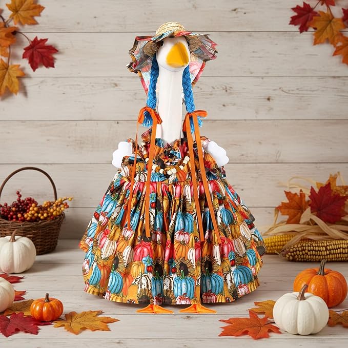 Fall Thanksgiving Goose Outfit Sunflower Porch Goose Costume with Hat Necklace for 23 Autumn Patio Yard Lawn Decor(Multicolor Sunflower)