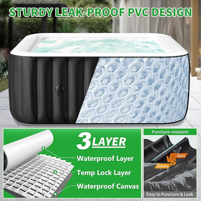 2-4 Person Inflatable Hot Tub, Square Blow Up Portable Hot Tub, Leak-Proof PVC Outdoor Spa with 120 Strong Air Jets, Heater Pump and Insulated Cover, 60” X 60”X 25”
