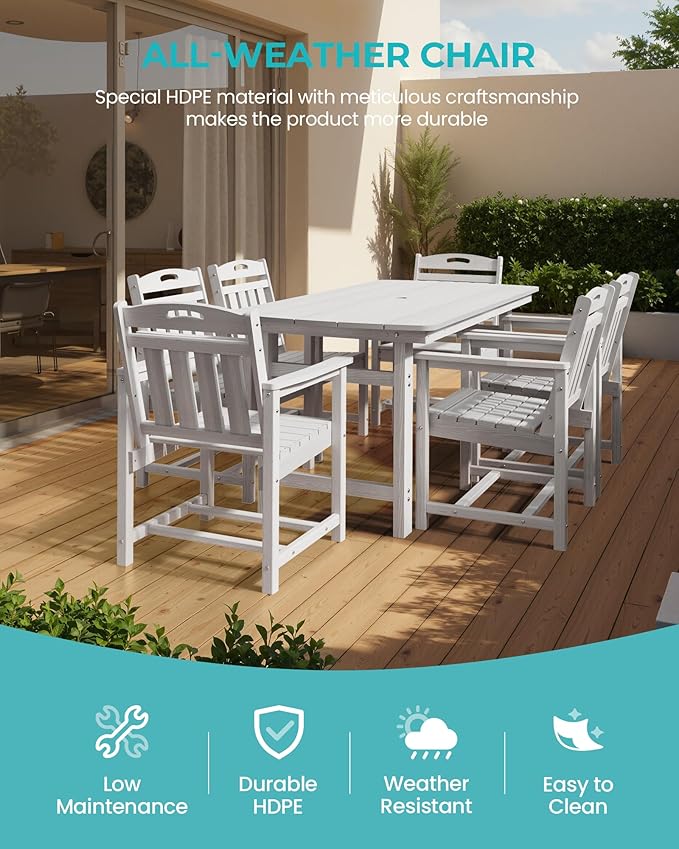 HDPE Outdoor Patio Dining Set with Table & 6 Chairs, All-Weather 7-Piece Outdoor Table and Chairs, 2" Umbrella Hole, Patio Furniture for Garden, Backyard, Deck | White