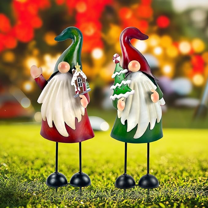 HONGLAND Outdoor Christmas Decorations, 2 PCS Metal Gnome Yard Art Christmas Gnomes 18 Inch Gnome Xmas Decorations for Outside Holiday Lawn Patio Yard Garden Decor