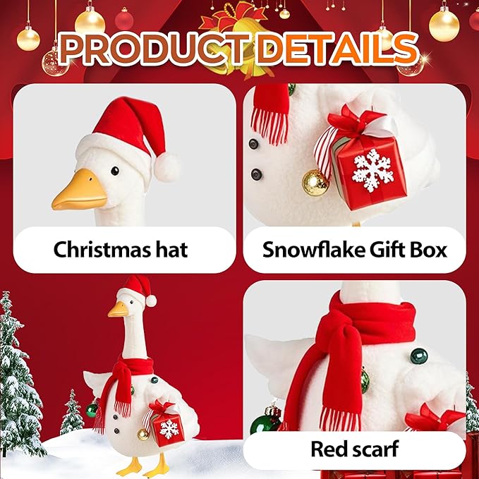 Christmas Snowman Porch Goose Outfits for Large 23" High Cement or Plastic Goose Statue, Yard Goose Cloths with Christmas Hat and Snowflake Gift Box Decor for Outdoor Lawn Gaden Patio
