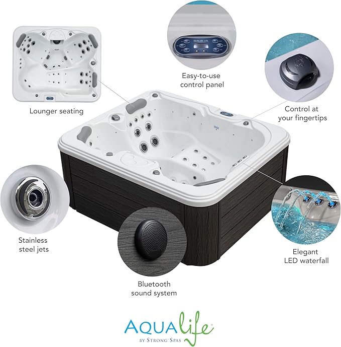 Excellence Outdoor Hot Tub, FIts 4 Adults, Indoor Outdoor Hot Tub, 41 Jets, Cover Included, Lounger Spa, Bluetooth Stereo, LED Water Fall, Wellness Tool, Aqualife by Strong Spas