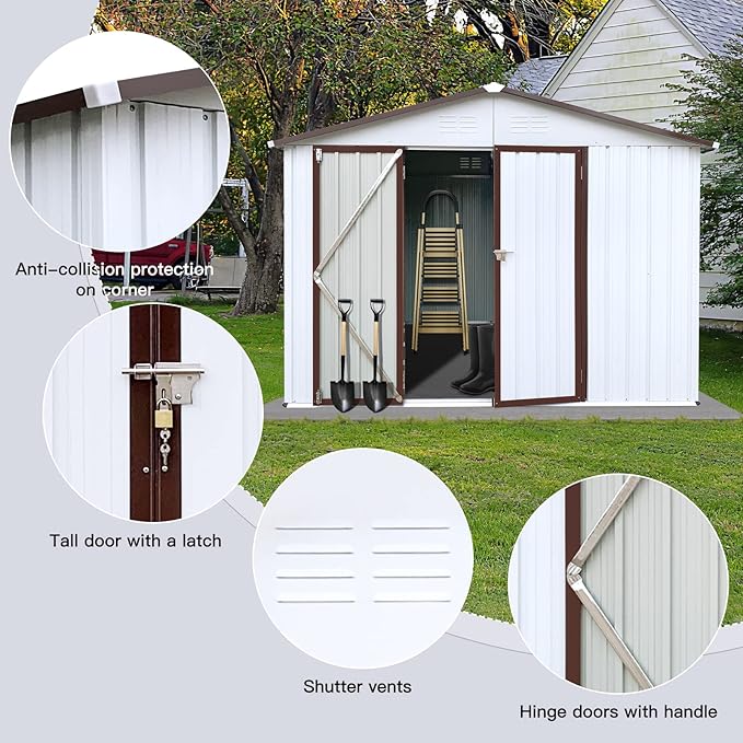 Metal Garden Sheds 8ftx10ft Outdoor Storage Sheds White+Coffee, for Backyard, Patio, Poolside