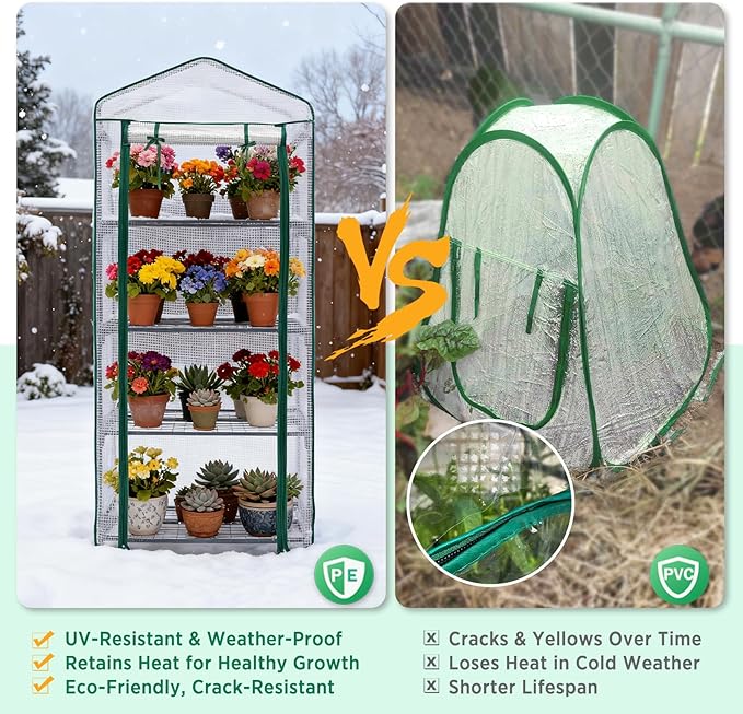 EAGLE PEAK 4-Tier Mini Greenhouse Portable Green House with Shelves & Weather-Resistant PE Cover, Small Greenhouse for Seedlings & Gardening Gifts, 27x19x64 in, Clear/White