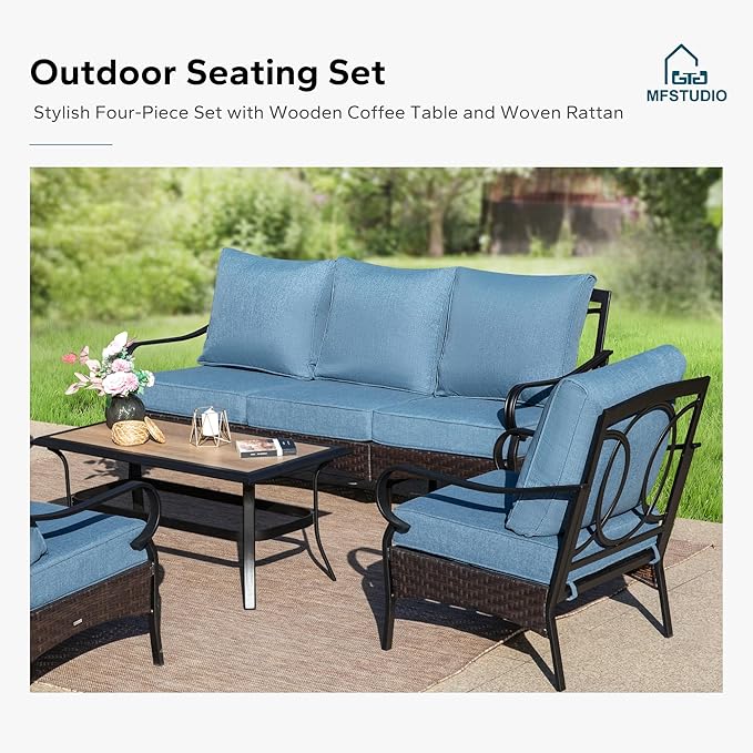MFSTUDIO 5 PCS Outdoor Patio Furniture Set, Metal Outdoor Conversation Set, Rattan Wicker Patio Sectional Sofa Set with 2 x Fixed Single Sofa, 2-Seat and 3-Seat Sofa, 1 x Coffee Table, Navy Blue