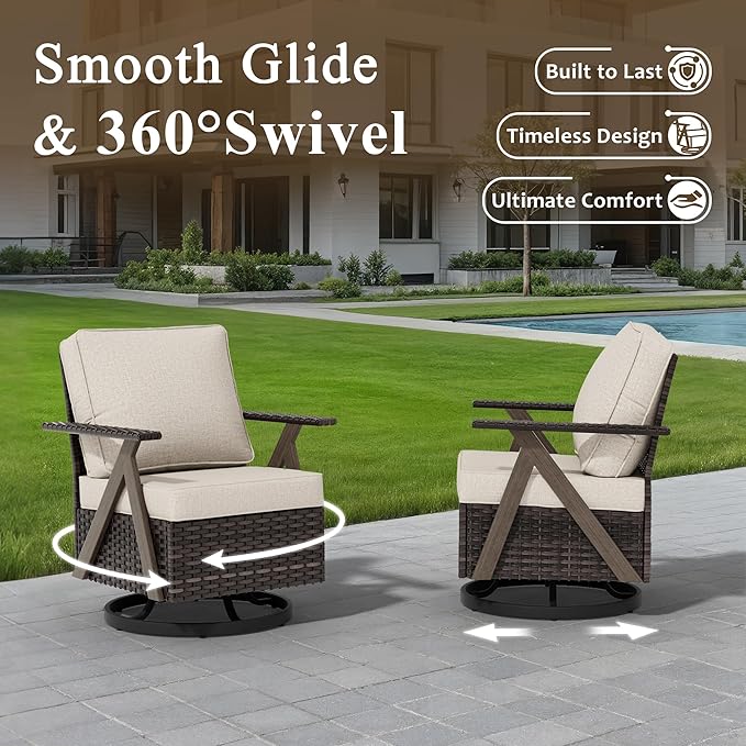 Outdoor Wicker Swivel Chairs Set of 2, Patio Furniture Set with 360 Degree Wicker Swivel Rocking Chairs with Metal Frame and Deep Seating
