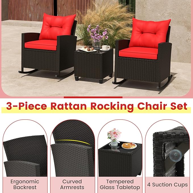ORALNER 3 Pieces Wicker Rocker Set Patio Furniture Set, Outdoor Rocking Chairs with Soft Cushions, Glass Coffee Table, Rattan Conversation Bistro Set for Front Porch Balcony Garden Deck Poolside (Red)
