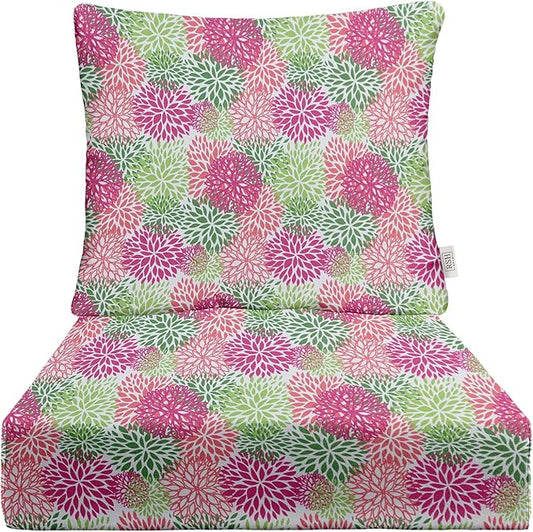 RSH DECOR Deep Seating Cushion with Pillow Back | 22” x 25” Seat | Water and Fade-Resistant Spun Fabric | Outdoor Chair Cushion Set for Patio Furniture | Floral Blooms Harmony Pink