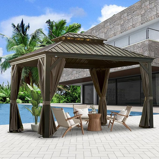 Domi Outdoor Living 10’ X 12’ Hardtop Gazebo, Outdoor Aluminum Frame Canopy with Galvanized Steel Double Roof, Outdoor Permanent Metal Pavilion with Curtains and Netting for Patio, Backyard and Lawn