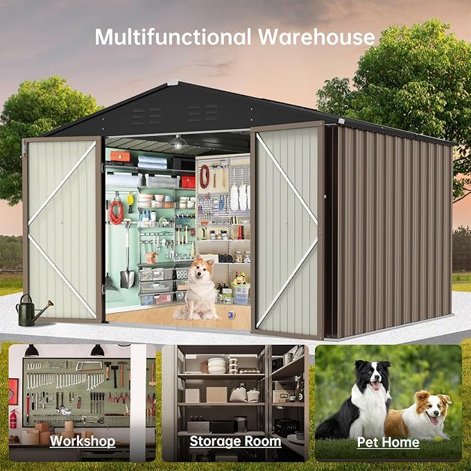 8X8FT Metal Outdoor Storage Shed - Galvanized Steel Waterproof Garden Shed with Lockable Doors & Vents, All-Weather Utility Tool Shed for Lawn Mower, Bike