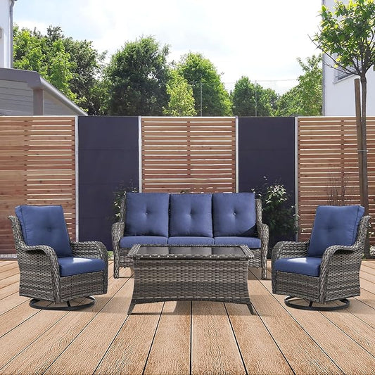 Patio Furniture 4 Piece, All-Weather PE Wicker Outdoor Furniture Set with Coffee Table,Outdoor Patio Furniture with Swivel Rocker Chairs and Outdoor Sofa