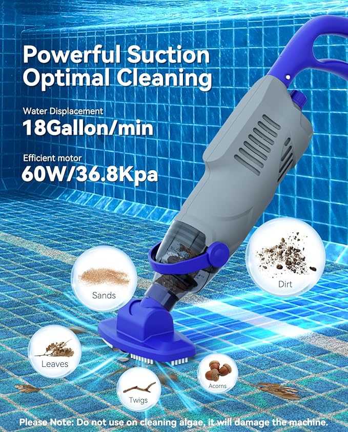 Cordless Pool Vacuum for Above Ground Pool, 60W Rechargeable Handheld Pool Vacuum Cleaner with Pole & 18GPM Suction, Spa Vacuum for Hot Tub, Above Ground/Inground Pools-Grey
