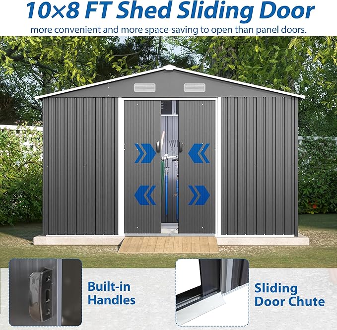 Spacious 10X8 FT Outdoor Storage Shed, All Weather Metal Sheds with Lockable Doors, Tool Shed for Garden, Patio, Backyard, Lawn, Black