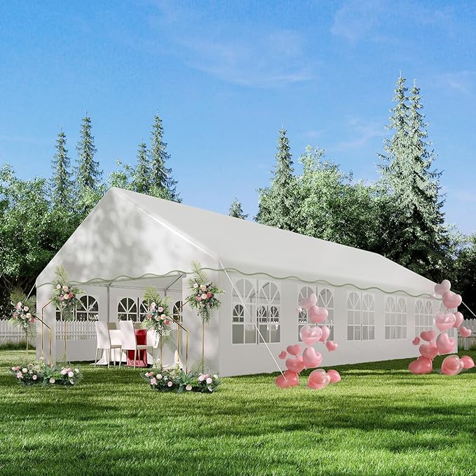 20'X40' Party Tent with Removable Sidewall Windows, Outdoor Heavy Duty Wedding Gazebo, Event Shelter Wedding Canopy Tent for Parties Carport BBQ, White & Wave Edge