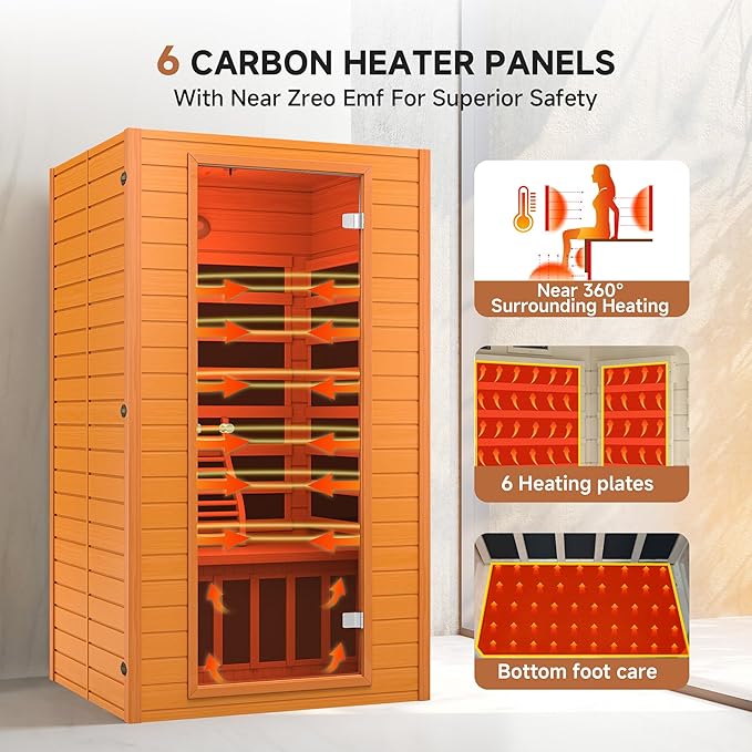 springspa Far Infrared Sauna for Home, Home Infrared Saunas up to 2 Person, Indoor Canadian Hemlock Wood Sauna Room with Near Zero Emf, 9 Chromo Therapy Lights, Bluetooth Speakers for Personal Spa