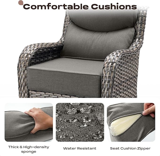 Rilyson Outdoor Patio Swivel Rocker Chairs Set of 2, Waterproof Wicker, High Back, Deep Seating, Wide Armrest, Upgraded 6 inch Thick Cushions, Ideal for Deck Porch Backyard, Mixed Grey-Grey