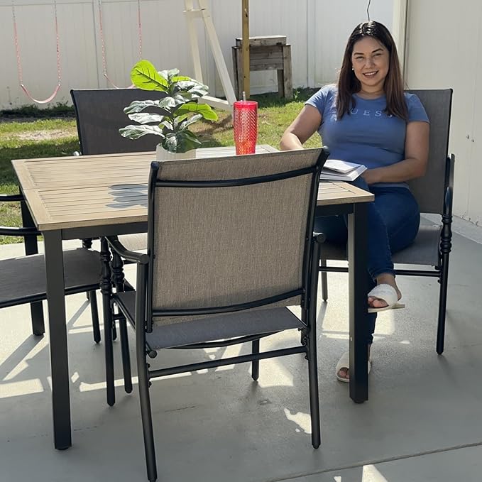 Patio Table and Chairs Set of 4, All-Weather Breathable Textilene Patio Chair with Gourd-Shaped Armrests, 42x42 Wood-Like Table with Umbrella Hole, 5 Pcs Metal Frame Patio Dining Set