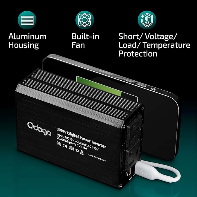 300W Car Power Inverter 12v DC to 110v AC – Car Adapter for Plug Outlet, DC to AC Converter, 4.8A Dual USB by Odoga