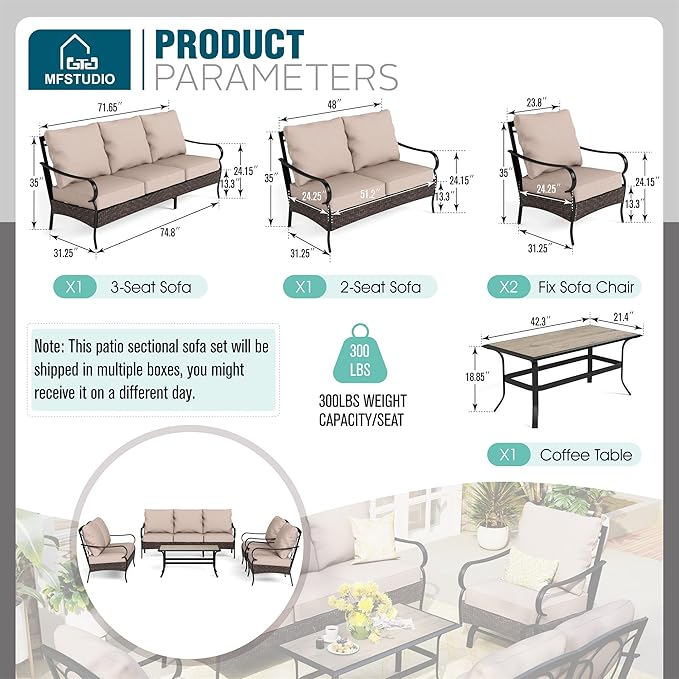 MFSTUDIO Outdoor Patio Furniture Set, 5 PCS Metal Patio Conversation Sets for 7, Modern Patio Sectional Set with High Back 3-Seat Sofa, Loveseat, 2 Fixed Sofa Chairs, 1 Coffee Table