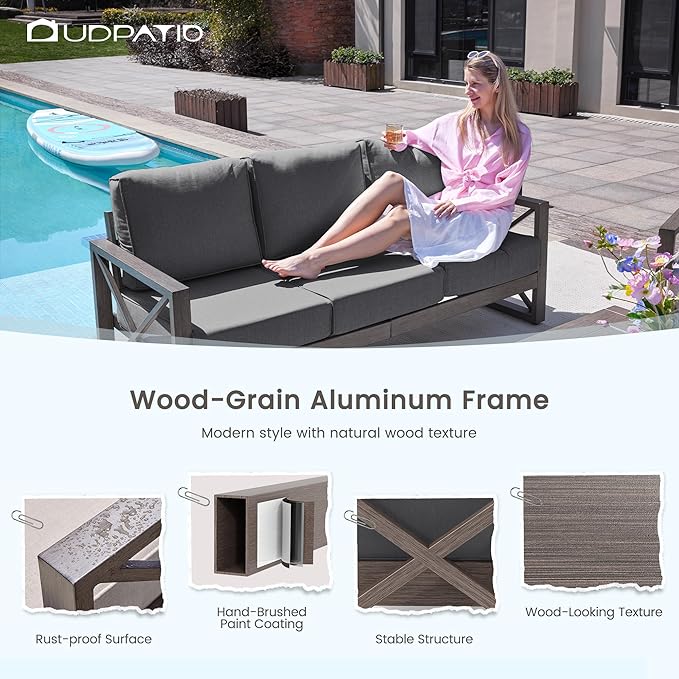 UDPATIO 4 Piece Faux Wood Aluminum Patio Furniture Set Modern Outdoor Furniture Sets with Coffee Table for Deck Porch Patio, 600D Waterproof Cover Included, Dark Grey