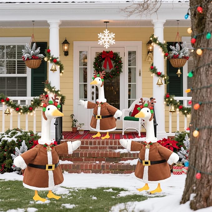 Christmas Porch Goose Outfit for Large 23" High Cement or Plastic Goose Statue, Yard Goose Cloths with Deer Antler Headband, Bell Bow Tie Decor for Outdoor Lawn Gaden Patio