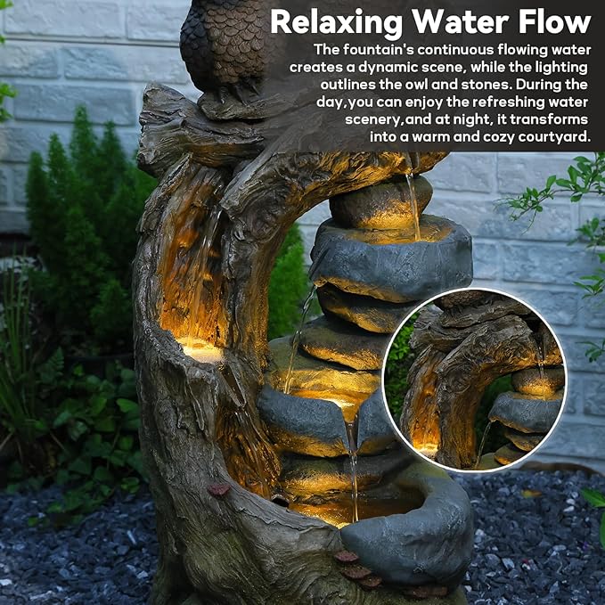 34.3''H Outdoor Water Fountain Owl Tree Stump, 4 - Tier Cascading Waterfall Garden Fountains with LED Lights & Pump Water Feature Resin for Patio, Deck, Yard, Home Decor