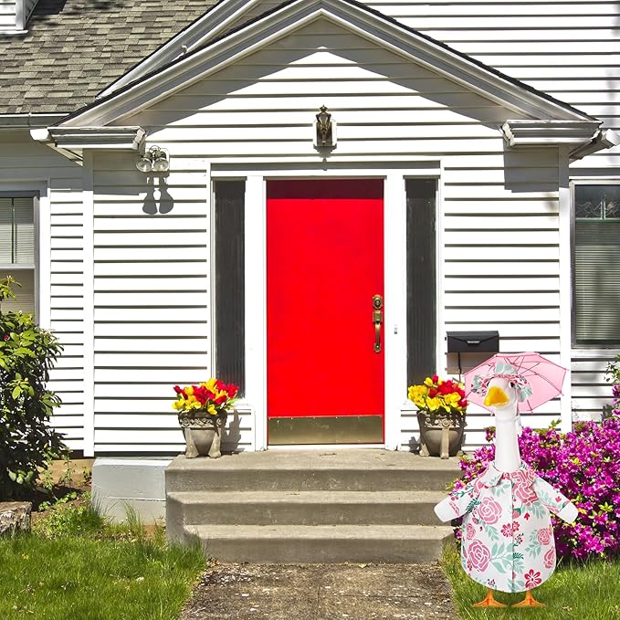 Soulchen Porch Goose Outfit with Umbrella for Lawn Porch 23'' Goose Costume Pink Flower Skirt for Spring Summer Outdoor Patio Yard Lawn Decoration