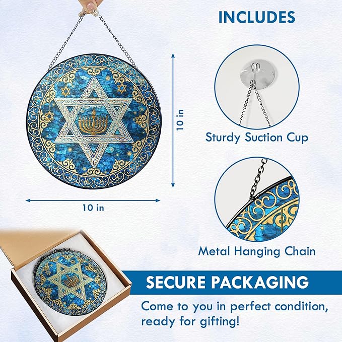 FLAGWIX Christmas Hanukkah Gifts for Women Men - Star of David Stained Glass Window Hanging 10 in - Hanukkah Decorations Suncatcher, Religious Jewish Gifts for Mom Grandma, Christmas Decorations