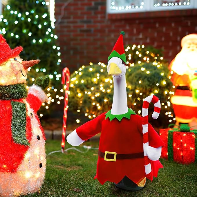 Christmas Toy Soldier Style Porch Goose Outfits,2 Pcs/Set Goose Clothes with Pointed Hat and Candy Cane Fits 23" Lawn Goose Statue,Red Christmas Outdoor Goose Costume,Yard Patio Garden Xmas Decor