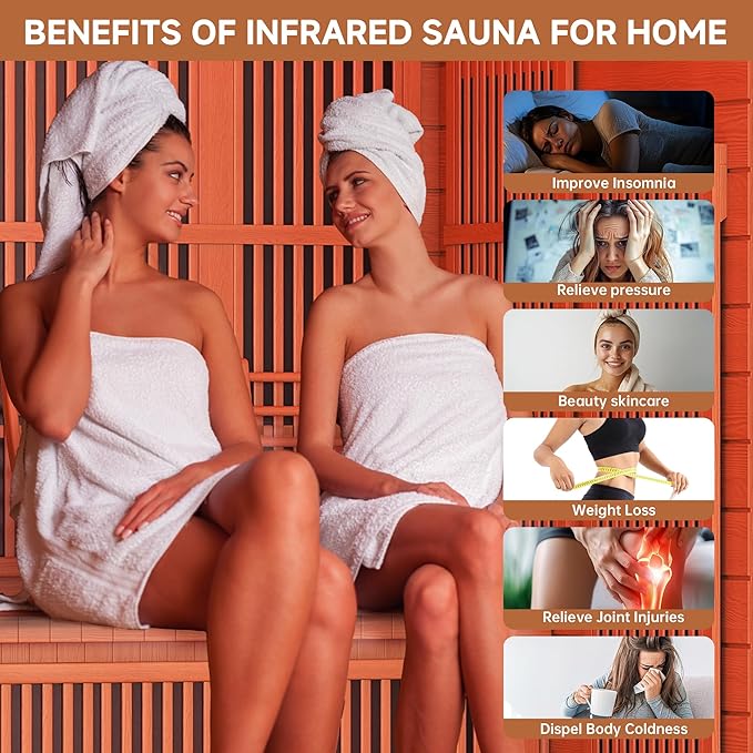 springspa 4 Person Infrared Sauna Room, Low EMF FAR Infrared Sauna for Home, Canadian Hemlock Wooden Indoor Sauna, with 10 Heating Panel, 2 LCD Panel, Bluetooth Speaker, 7 Therapy Light