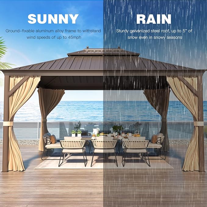 YOLENY 10' x 12' Hardtop Gazebo with Double Galvanized Steel Roof, Pergolas Aluminum Frame, Curtains and Netting Included, Metal Outdoor Gazebos for Patios, Garden, Lawns, Parties