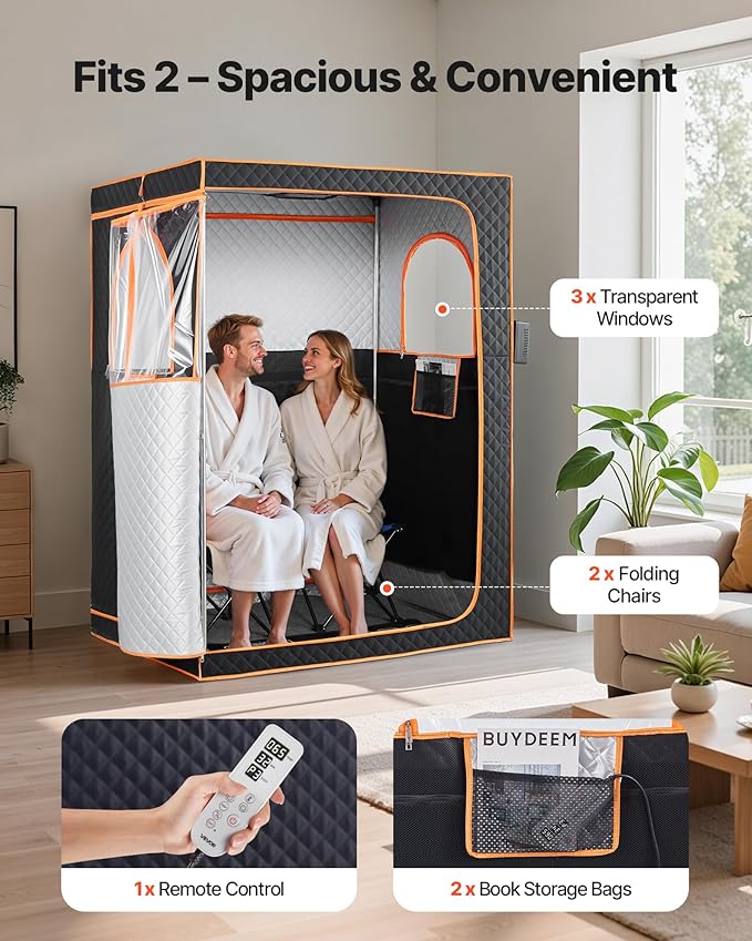 VEVOR 2 Person Portable Infrared Sauna for Home, Upgraded Full Body Home Spa Tent with 2 Foldable Chairs & Heated Mat & Remote,9-Level Temp Control Sauna Box for Relaxation & Stress Relief, (Black)