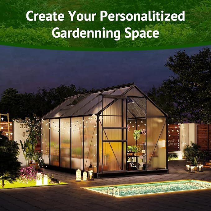 10x6ft Polycarbonate Greenhouse, Heavy Duty Walk-in Aluminum Greenhouse for Outdoors, Plants Backyard，with Ventilation Window, Rain Gutter, Sliding Door Black
