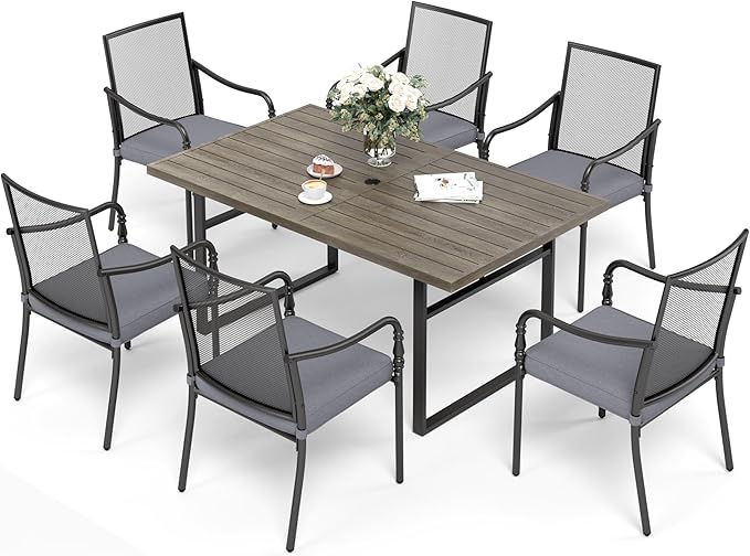 Patio Table and Chairs Set of 6, All-Weather Breathable Metal Mesh Patio Chair with Gourd-Shaped Armrests, 64x38 Wood-Like Table with Umbrella Hole, 7 Pcs Metal Frame Patio Dining Set
