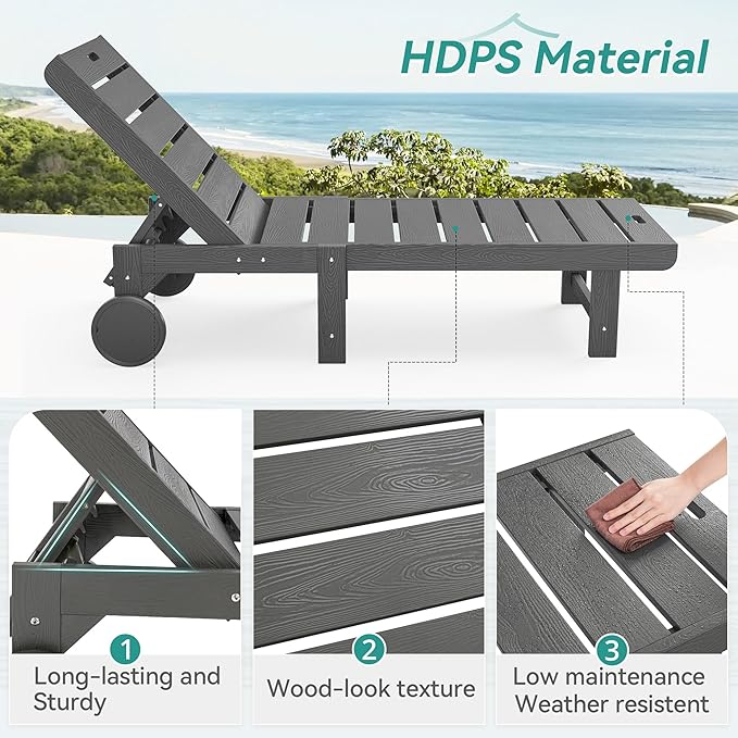 Outdoor Chaise Lounge Chairs, 26.8” Super Wide Lounge Chair Outdoor, HDPS Pool Chairs with 5 Positions, Patio Lounge Chair with Wheels for Pool,Lawn,Backyard, Dark Gray