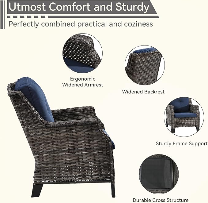 3-Piece Wicker Patio Furniture Set, 2 Armchairs and 1 Fire Pit, Conversation Set with Cushions, Blue