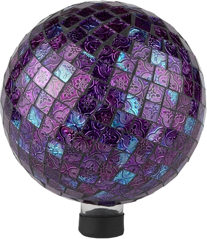 Lily's Home Glass Gazing Ball | Holographic Effect, Stunning Rainbow Color Reflection Effect, Mosaic Design, Purple Mirrors, Attracts Good Fortune, Lovely Centerpiece, 10” Dia.