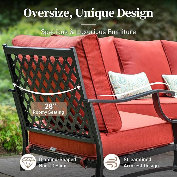 6 Piece Metal Outdoor Patio Furniture Set, Patio Conversation Sets 1 3-Seater Sofa, 2 Swivel Chair, 2 Ottomans with 5.75" Thick Cushion and Coffee Table, Black Backyard Furniture, Red