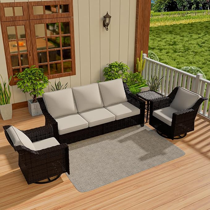 Vista Vibe 4 Pieces Outdoor Patio Conversation Furniture Set - 78" 3-Seat Sofa | 2 Swivel Glider Rocker Chairs | Wicker End Table, Rattan Loveseat, Upholstered Couch, Garden, Deck (Brown/Beige)