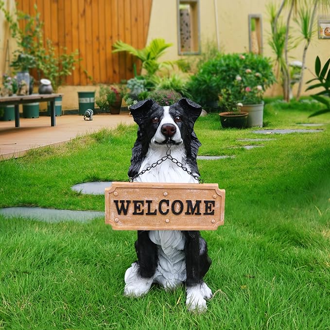 Border Collie Outdoor Dog Statue with Reversible “Welcome/ON Patrol” Plaque and Solar Path Lantern, Black & White Sitting Herding Dog Yard Accent
